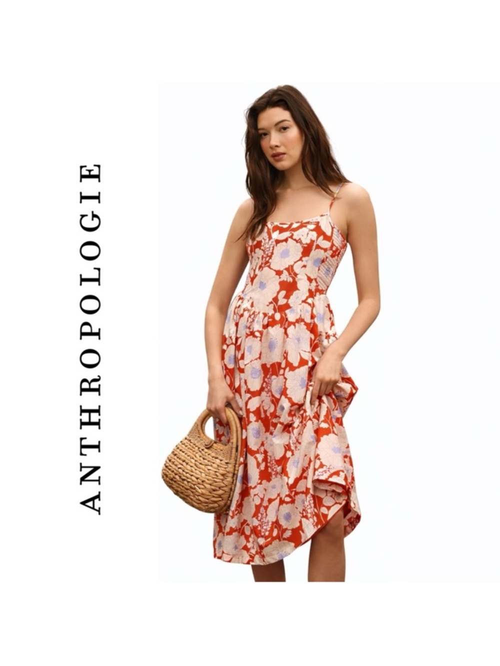 Anthropologie Orange Floral Midi basque- waist  spring/summer romantic Dress